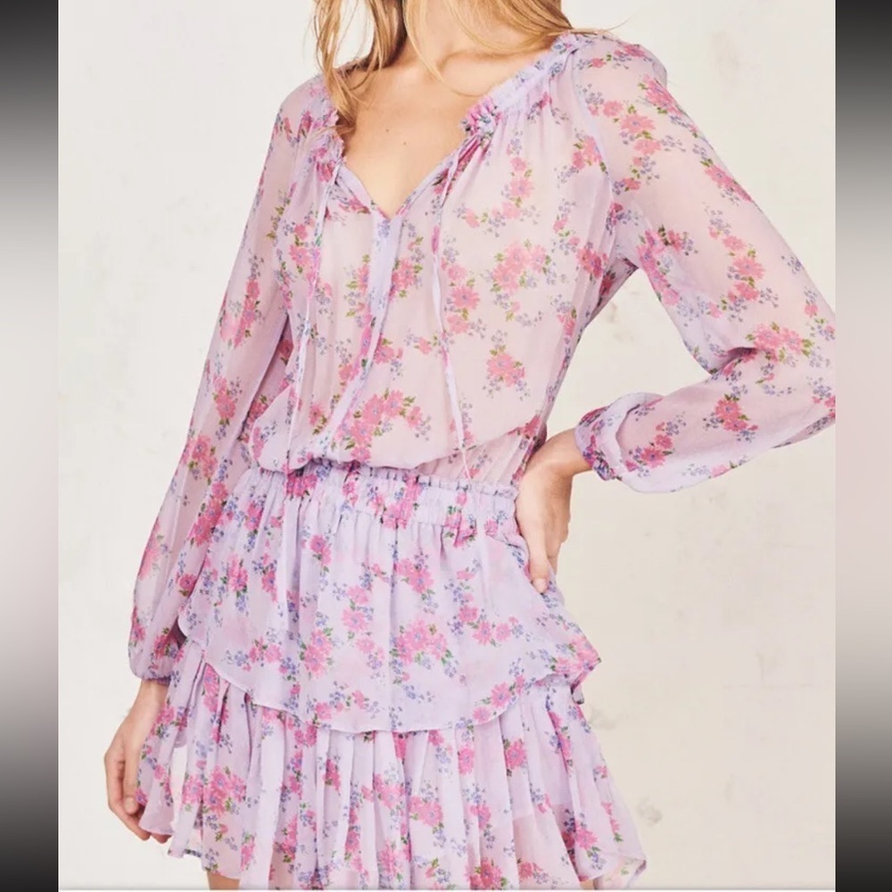 Loveshackfancy 100% Silk Popover Wisteria Lilac Floral Mini Dress Size XS